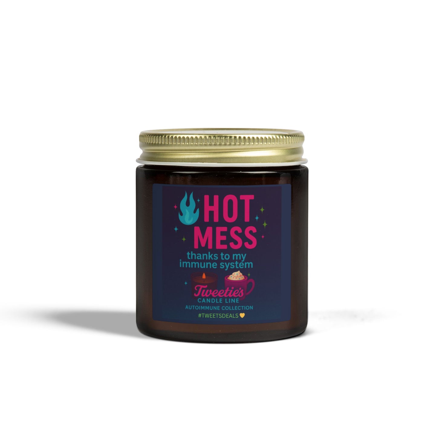 HOT MESS thanks to my immune system Candle – Tweetie’s Autoimmune Collection | Scented Coconut Apricot Wax (4 oz) in Reusable Amber Glass Jar | Eco-Friendly, Non-Toxic, Self-Care Gift & Home Decor | Laugh or Cry: I choose Laugh! 💛