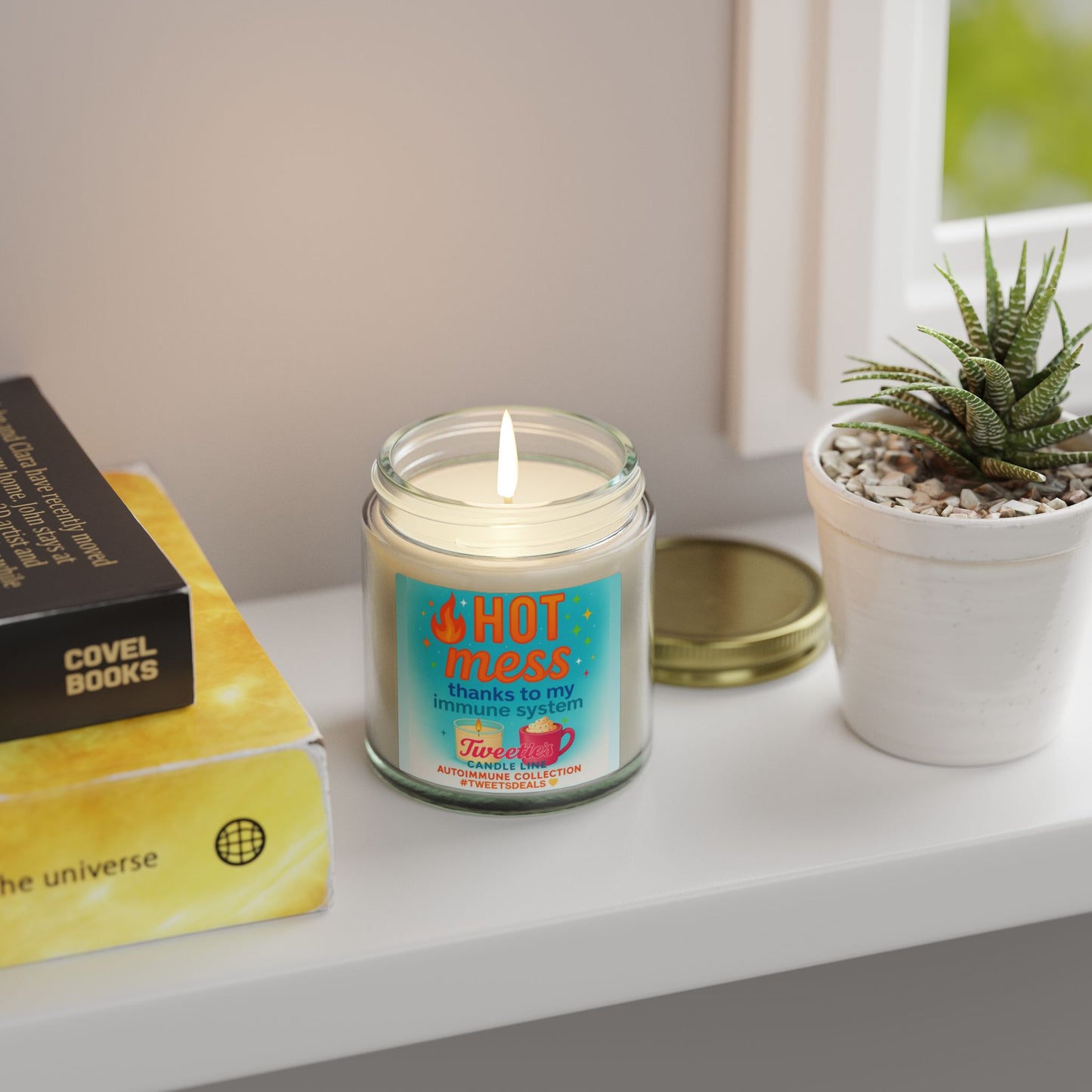 HOT MESS thanks to my immune system Candle – Tweetie’s Autoimmune Collection | Scented Coconut Apricot Wax (4 oz) in Reusable Clear Glass Jar | Eco-Friendly, Non-Toxic, Self-Care Gift & Home Decor | Laugh or Cry: I choose Laugh! 💛