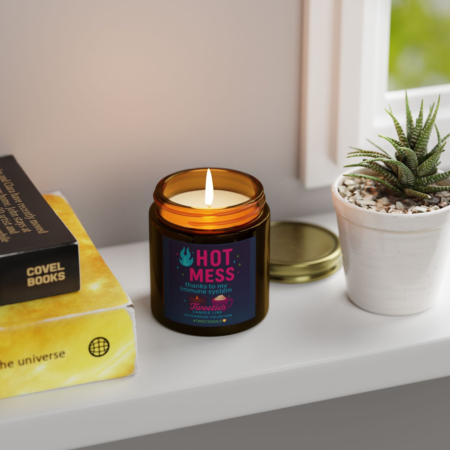 HOT MESS thanks to my immune system Candle – Tweetie’s Autoimmune Collection | Scented Coconut Apricot Wax (4 oz) in Reusable Amber Glass Jar | Eco-Friendly, Non-Toxic, Self-Care Gift & Home Decor | Laugh or Cry: I choose Laugh! 💛