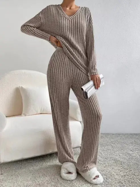 Women’s Ribbed Knit Autumn Lounge Set | Cozy 2-Piece V-Neck Sweater + Elastic Waist Pants