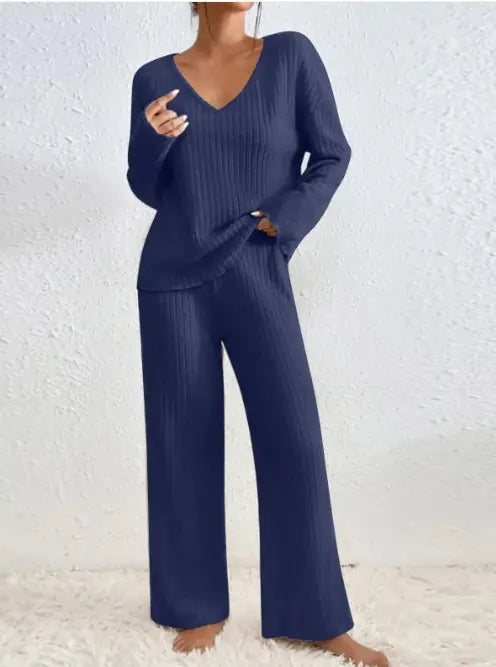 Women’s Ribbed Knit Autumn Lounge Set | Cozy 2-Piece V-Neck Sweater + Elastic Waist Pants