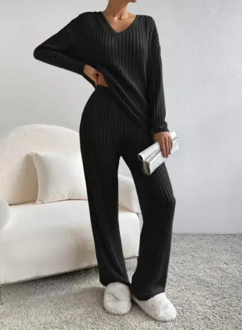 Women’s Ribbed Knit Autumn Lounge Set | Cozy 2-Piece V-Neck Sweater + Elastic Waist Pants
