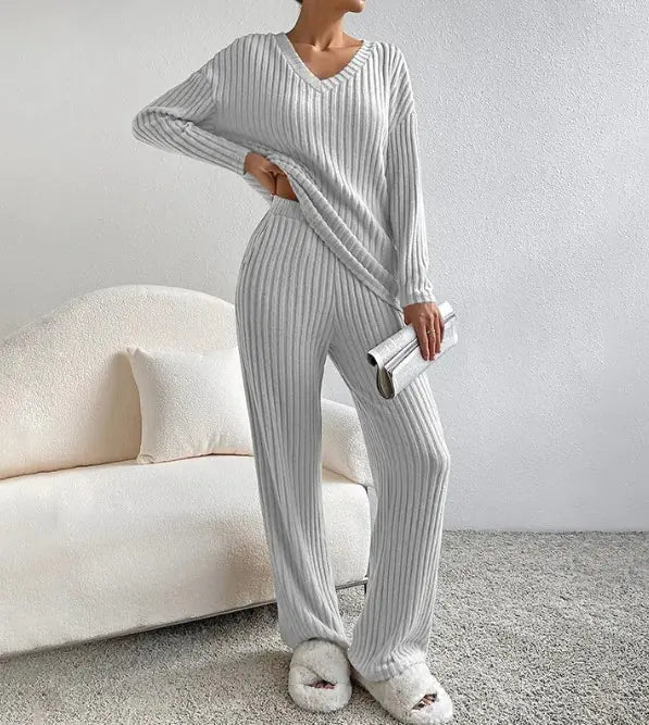 Women’s Ribbed Knit Autumn Lounge Set | Cozy 2-Piece V-Neck Sweater + Elastic Waist Pants